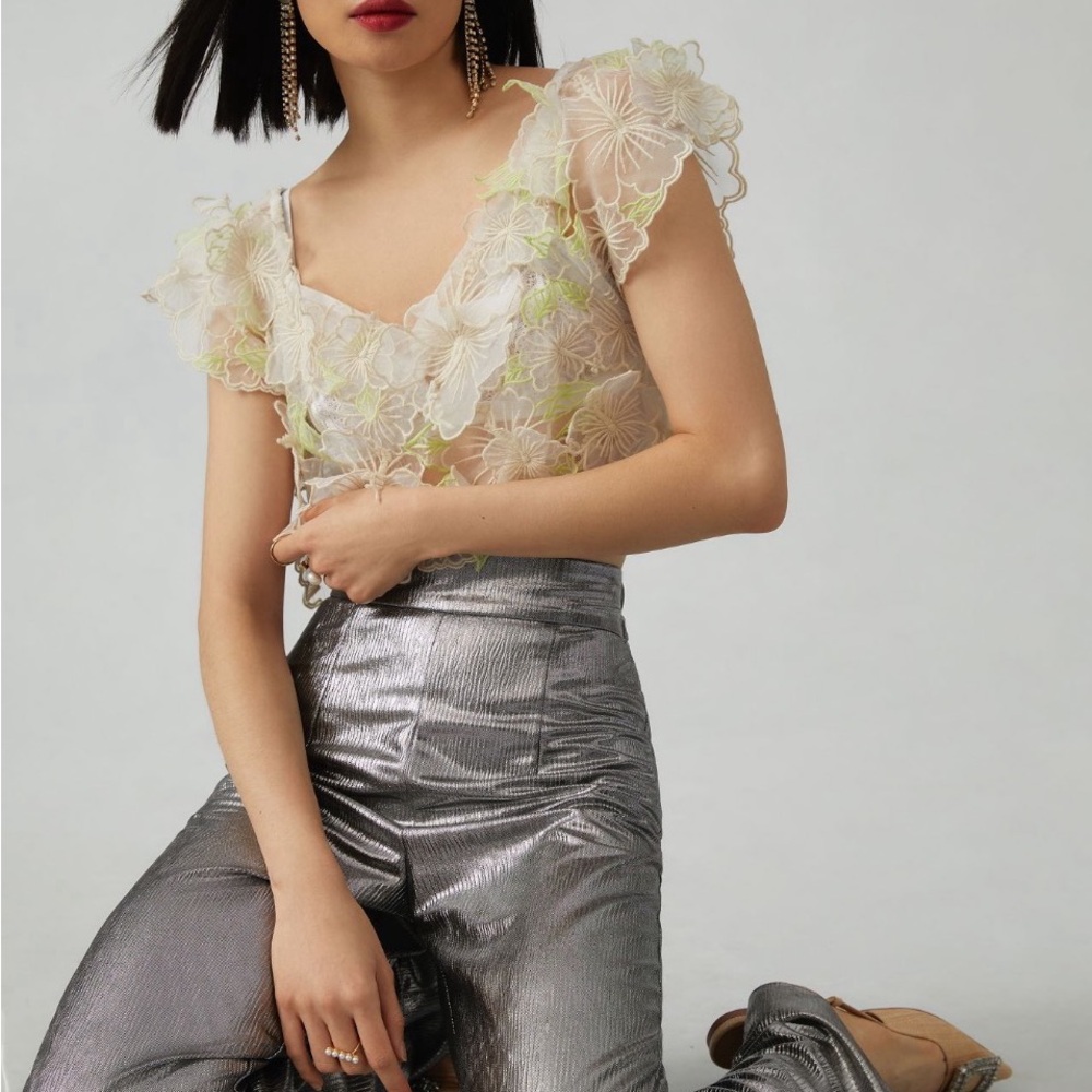 Anthropologie Floral Lace Blouse - Cream and Green